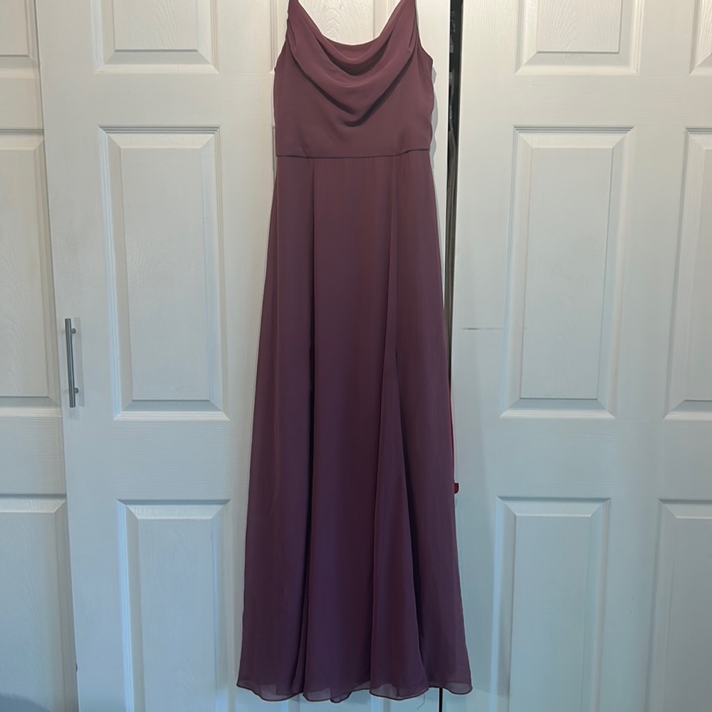 COWL NECK CHIFFON BRIDESMAID DRESS WITH SLIT,CHIANTI,6